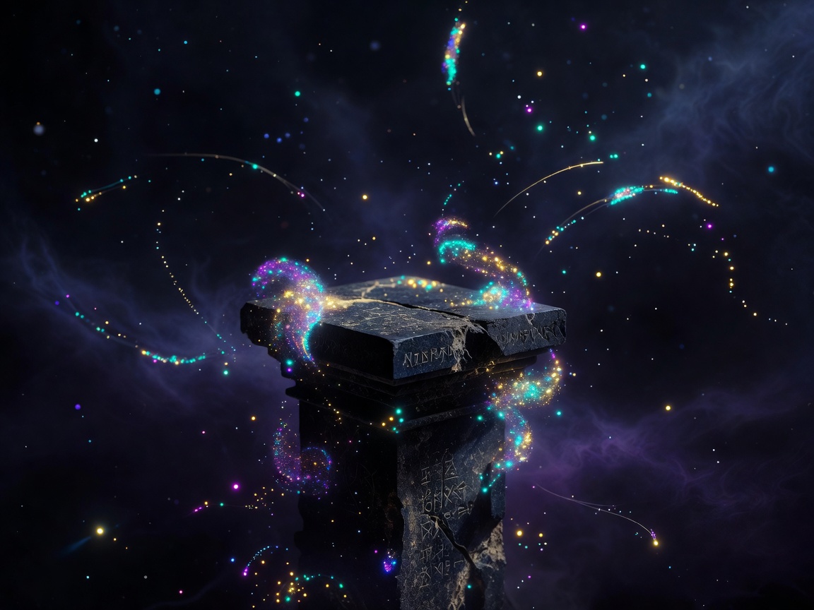 Abstract magical background with vibrant light particles floating over an ancient dark pedestal