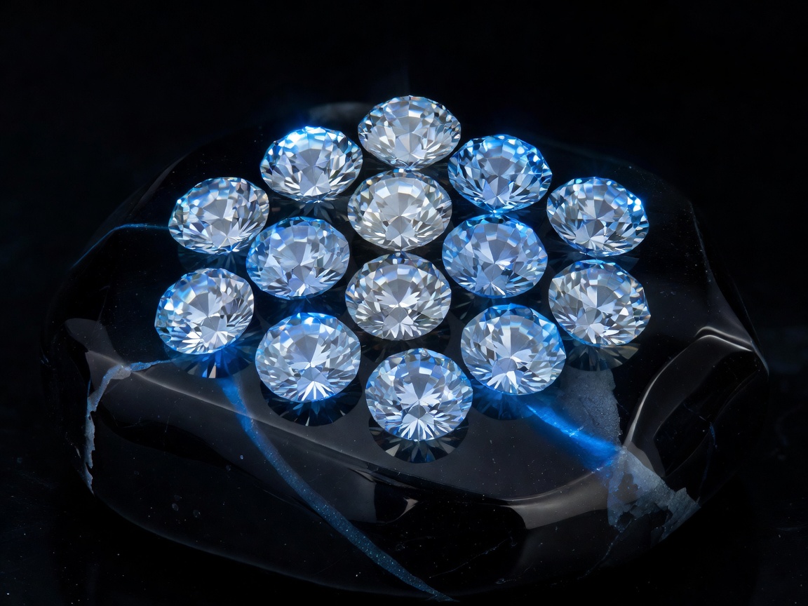 Exquisite brilliant round diamonds radiating blue neon hues in a dark obsidian stone base representing game algorithms
