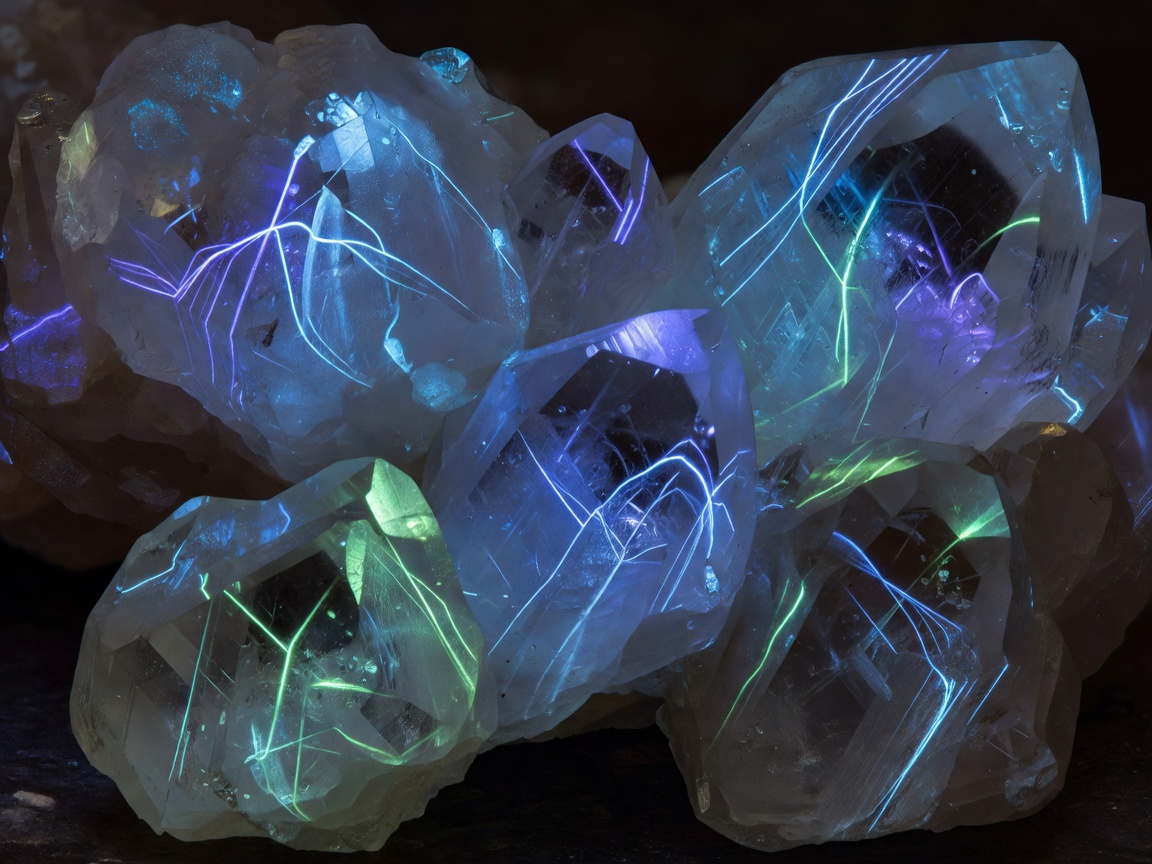 Fluorescent quartz clusters showcasing rich glowing lines on their crystalline faces representing safe visual reward systems