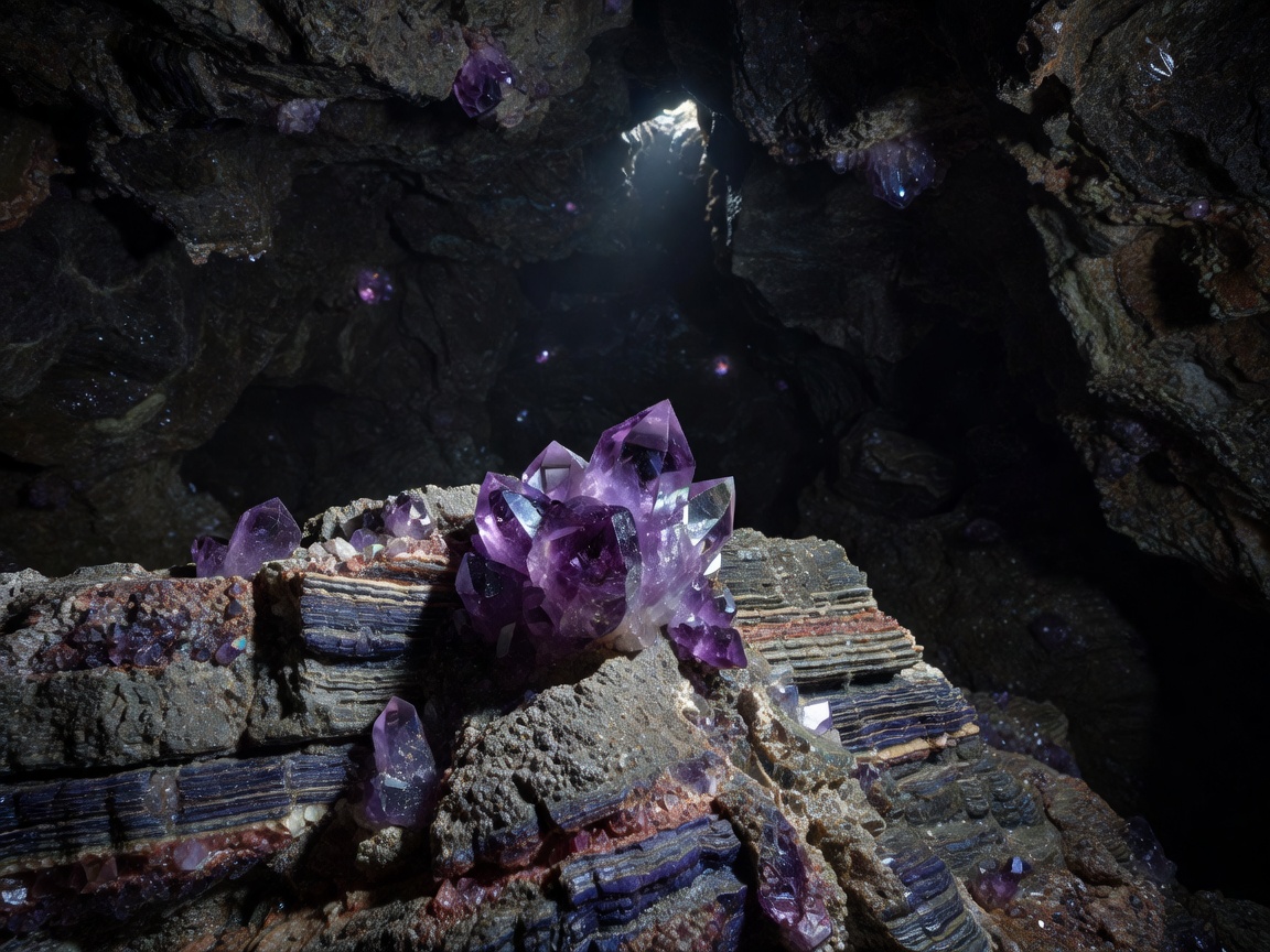 Glistening purple quartz crystal growing in a deep mineral layer inside a dark cave