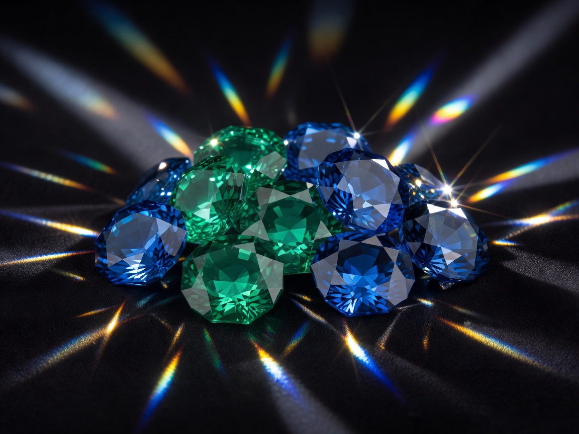 Polished emerald and sapphire gems with fine geometric facets refracting bright dynamic highlights
